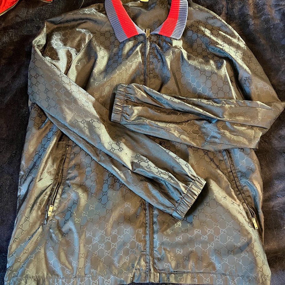 Gucci Nylon Windbreaker Size L Blue/Red Detachable Hood